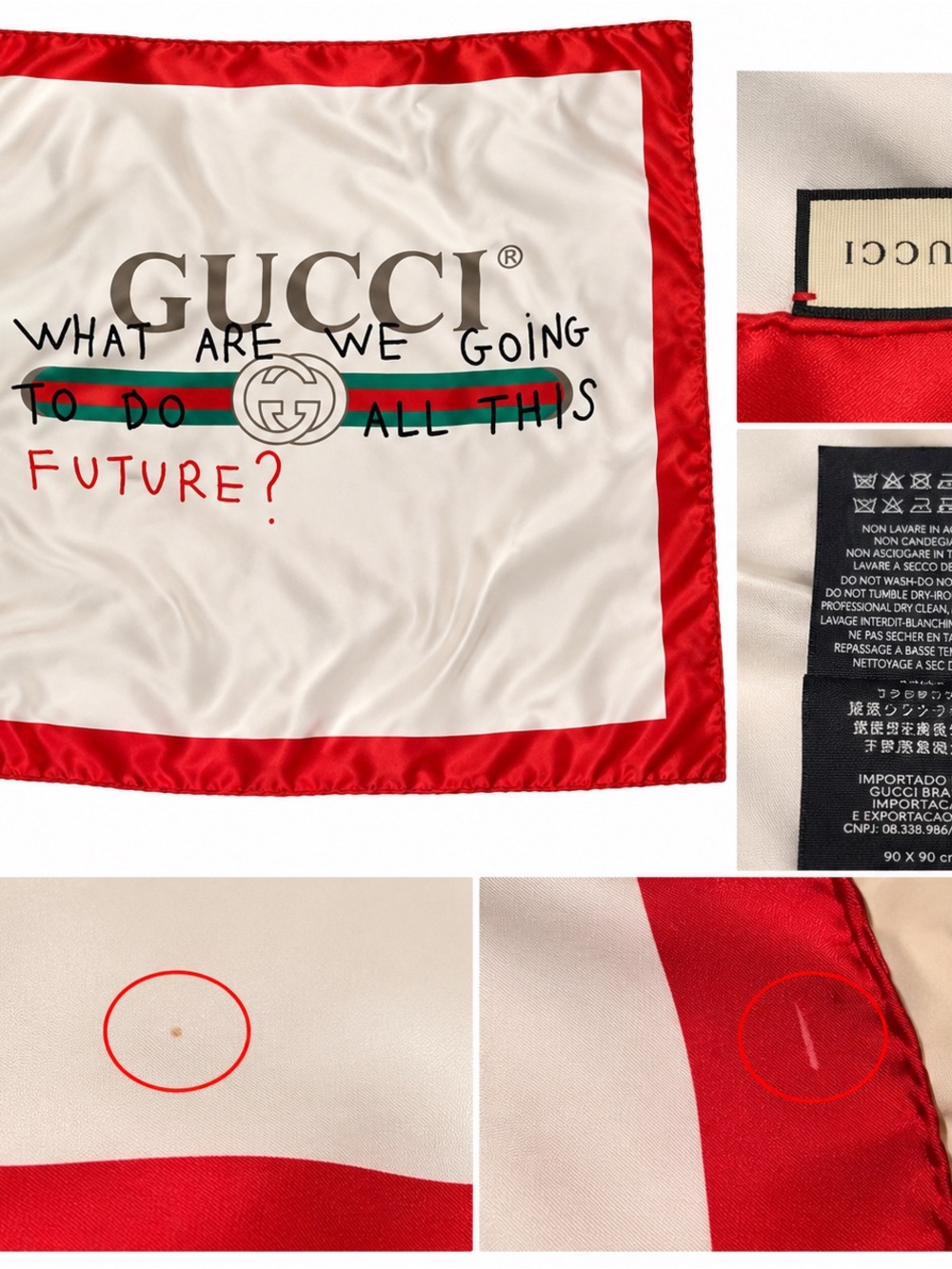 Gucci “Future?” 90 x 90 cm Scarf Red Ivory Logo Graphic Made in Italy